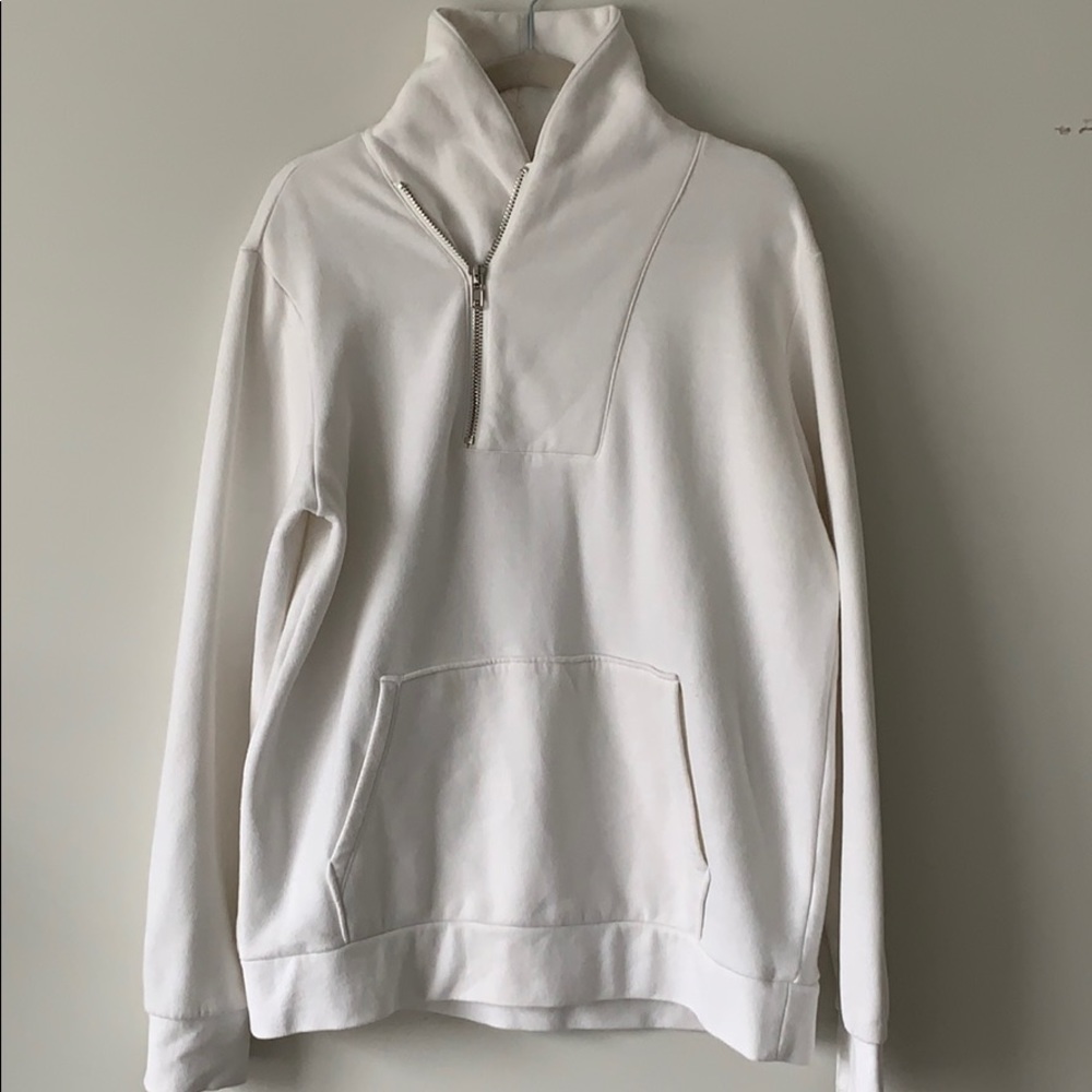 All white side neck zip up sweater